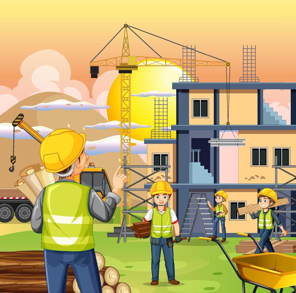 Building construction site with workers vector