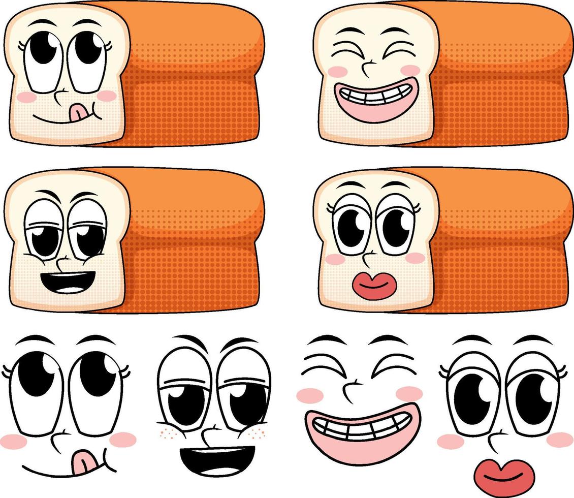 conjunto de dibujos animados de estilo vintage de expresión facial con pan sobre fondo blanco vector