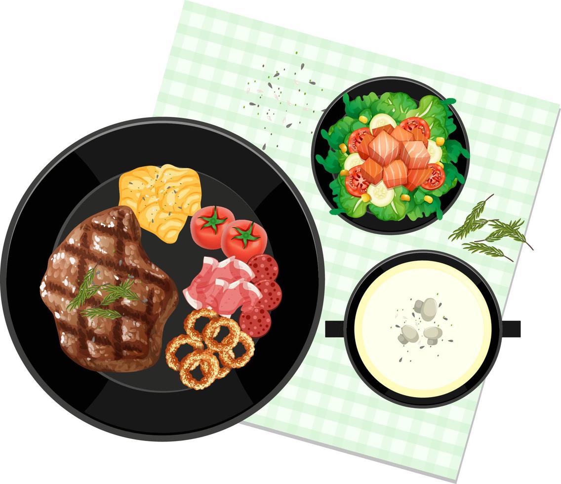 Top view food set, steak and placemat on white background vector