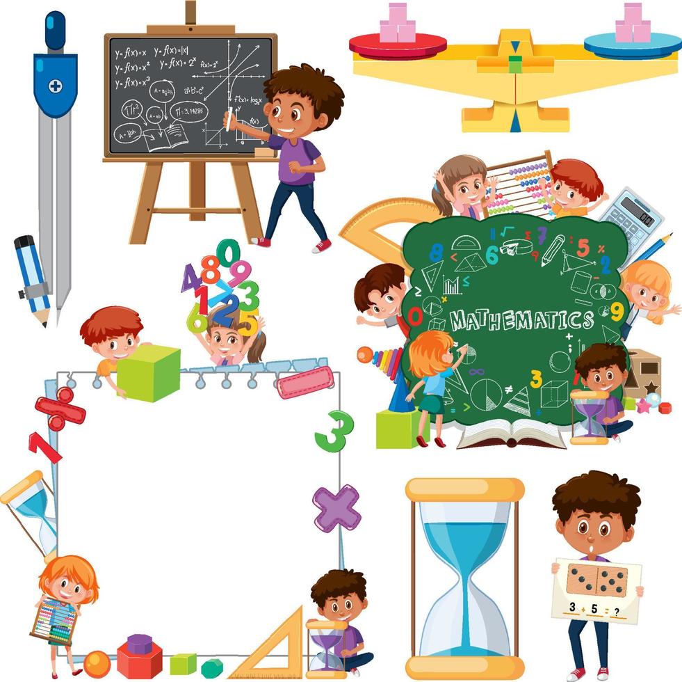 Math classroom objects with supplies and students vector