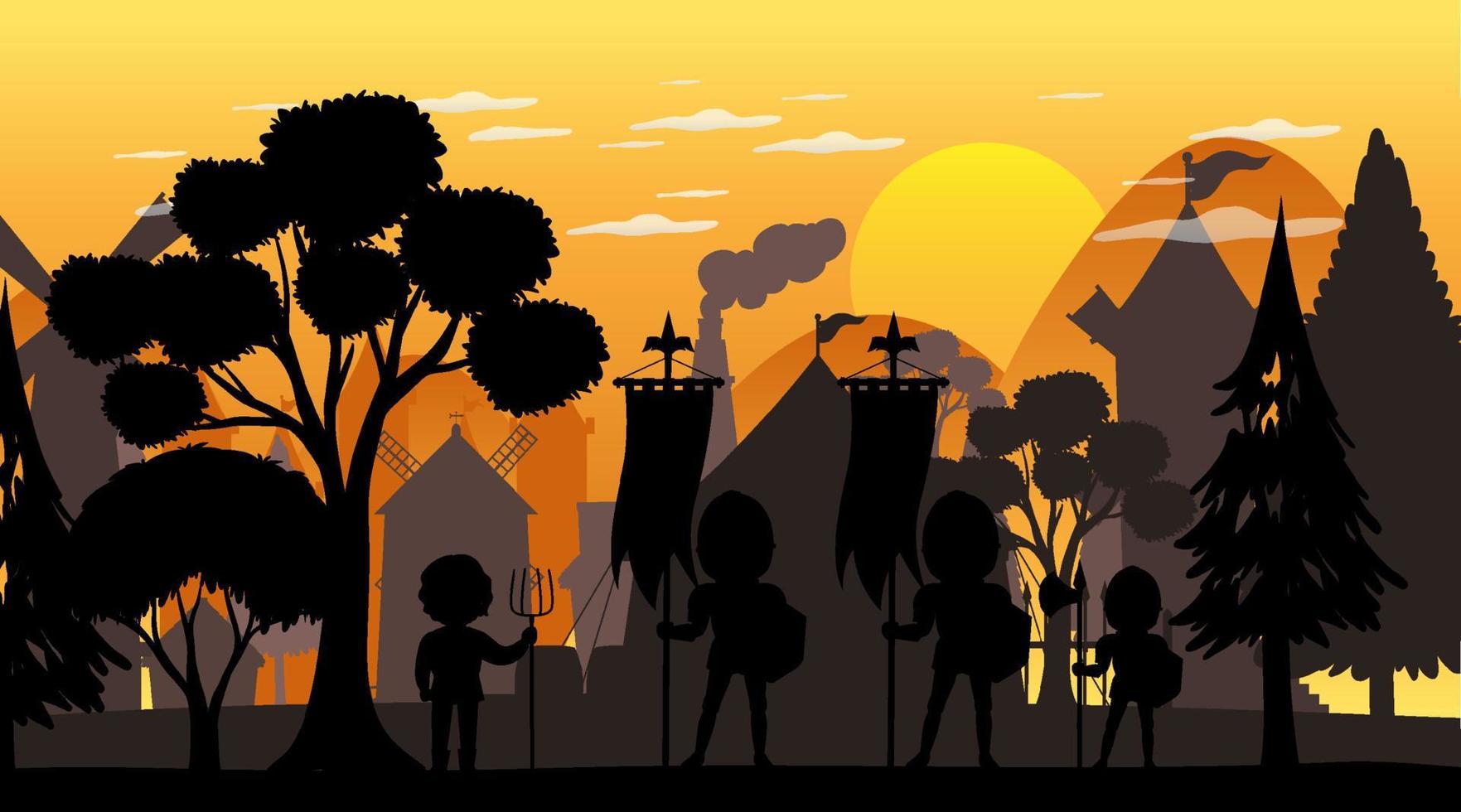 Silhouette medieval cartoon background vector