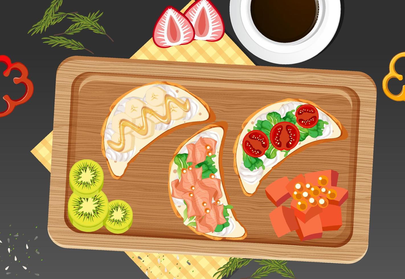 Top view of breakfast on wooden tray vector