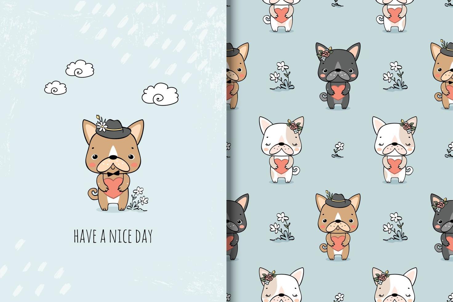 Cute dog with heart cartoon character card and seamless pattern vector