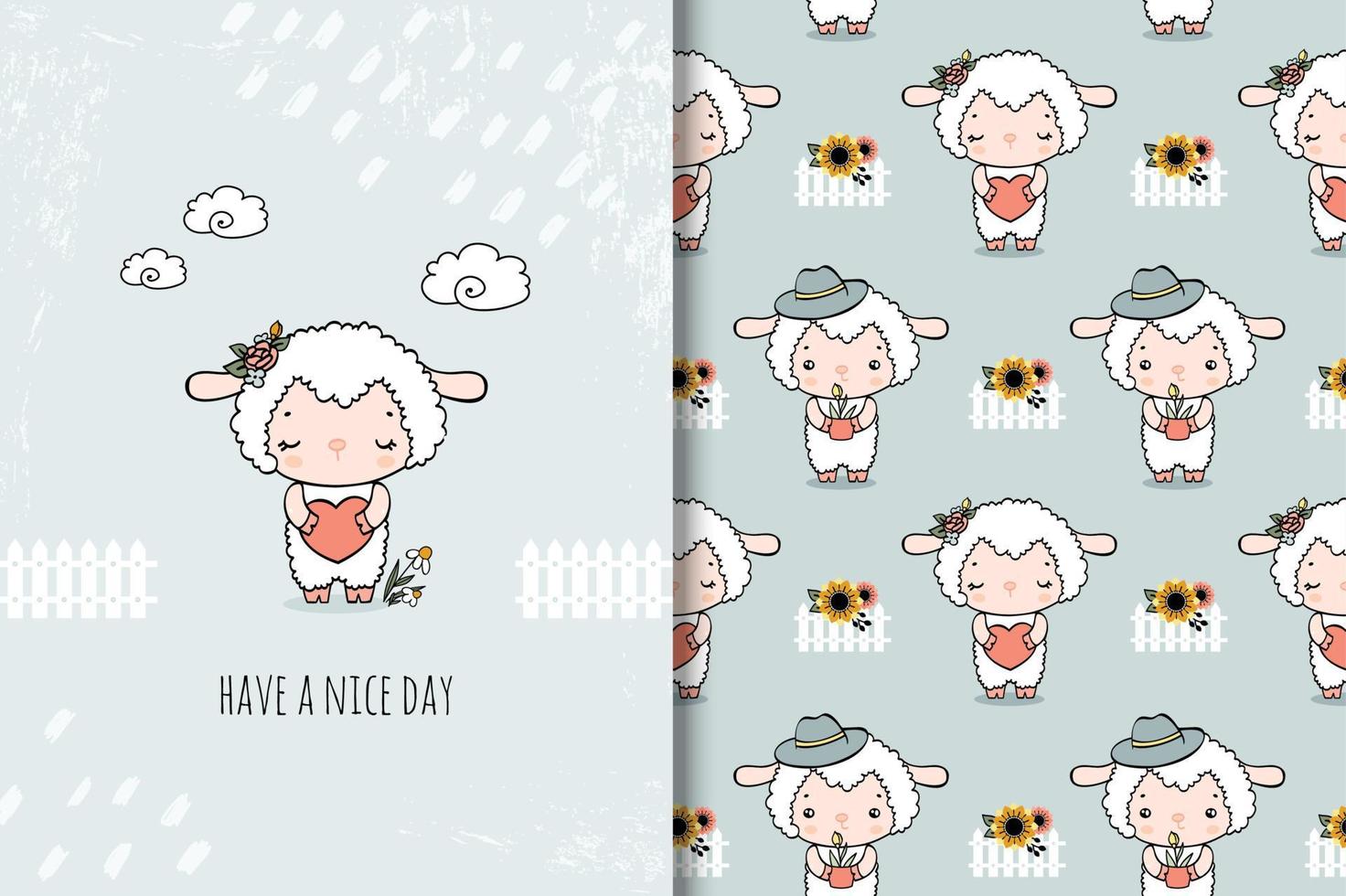 Little cartoon sheep with heart card and seamless pattern vector