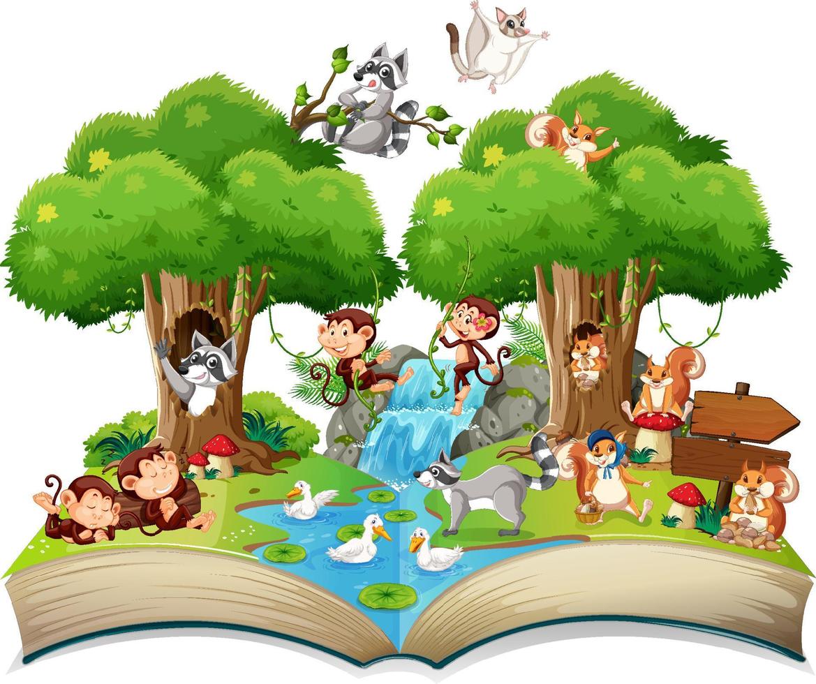 tema de bosque de libro abierto con animal sobre fondo blanco vector