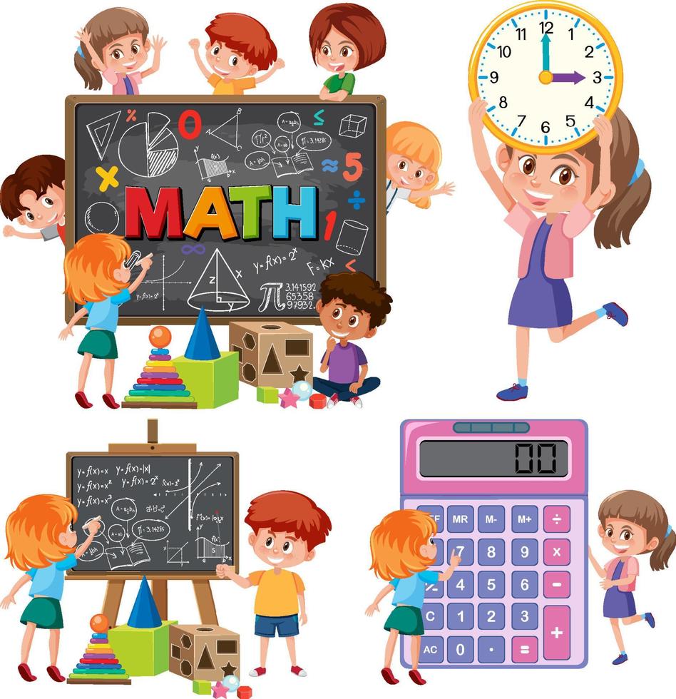 objetos de clase de matemáticas con suministros y estudiantes vector