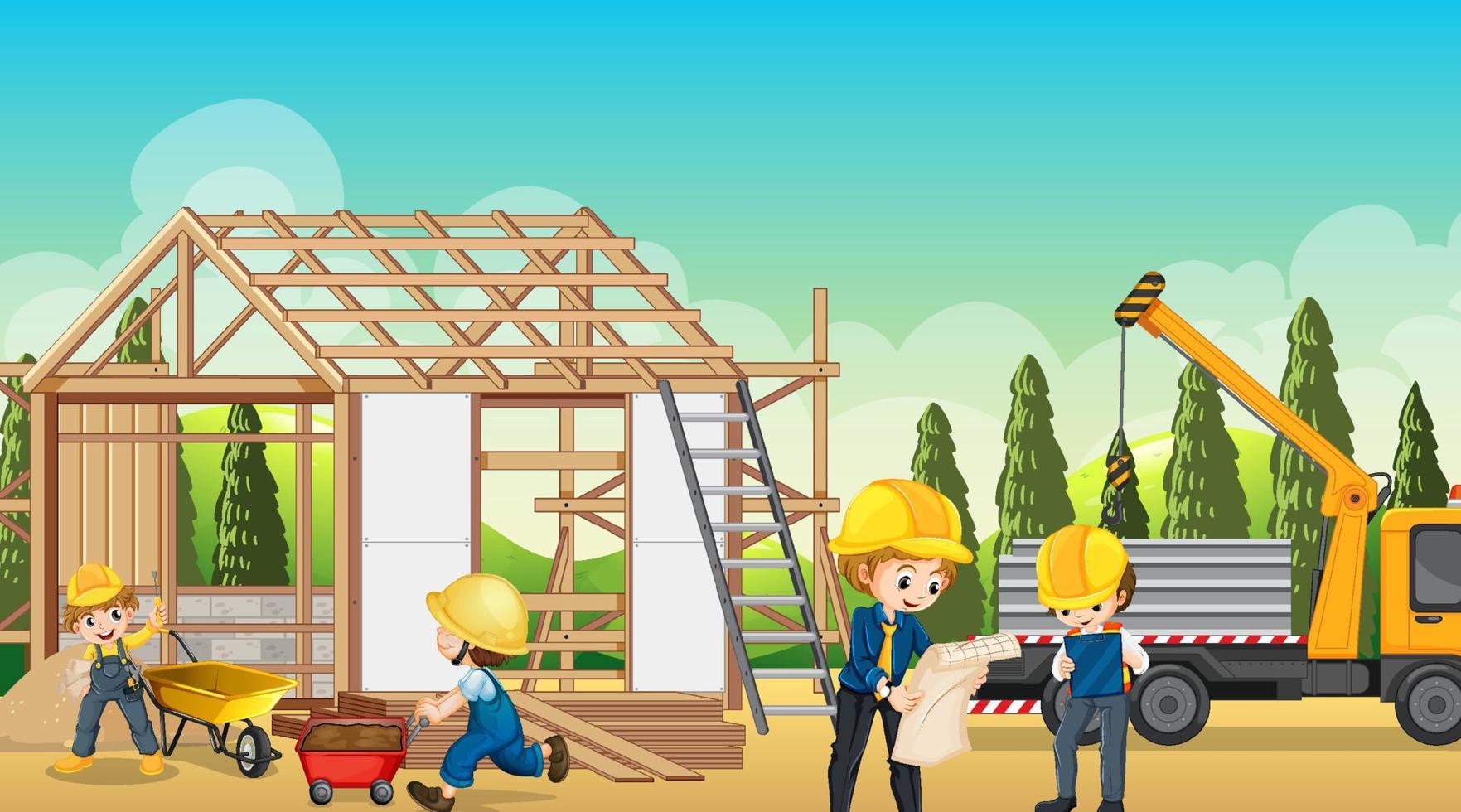 Building house construction site and workers vector