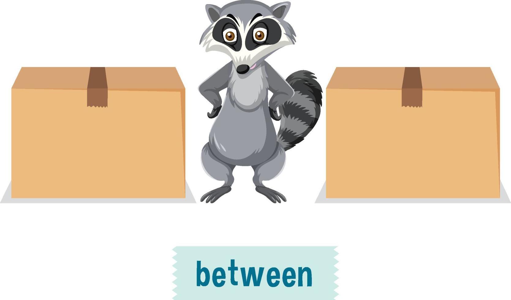 English prepositions, raccoons stand between the boxes vector