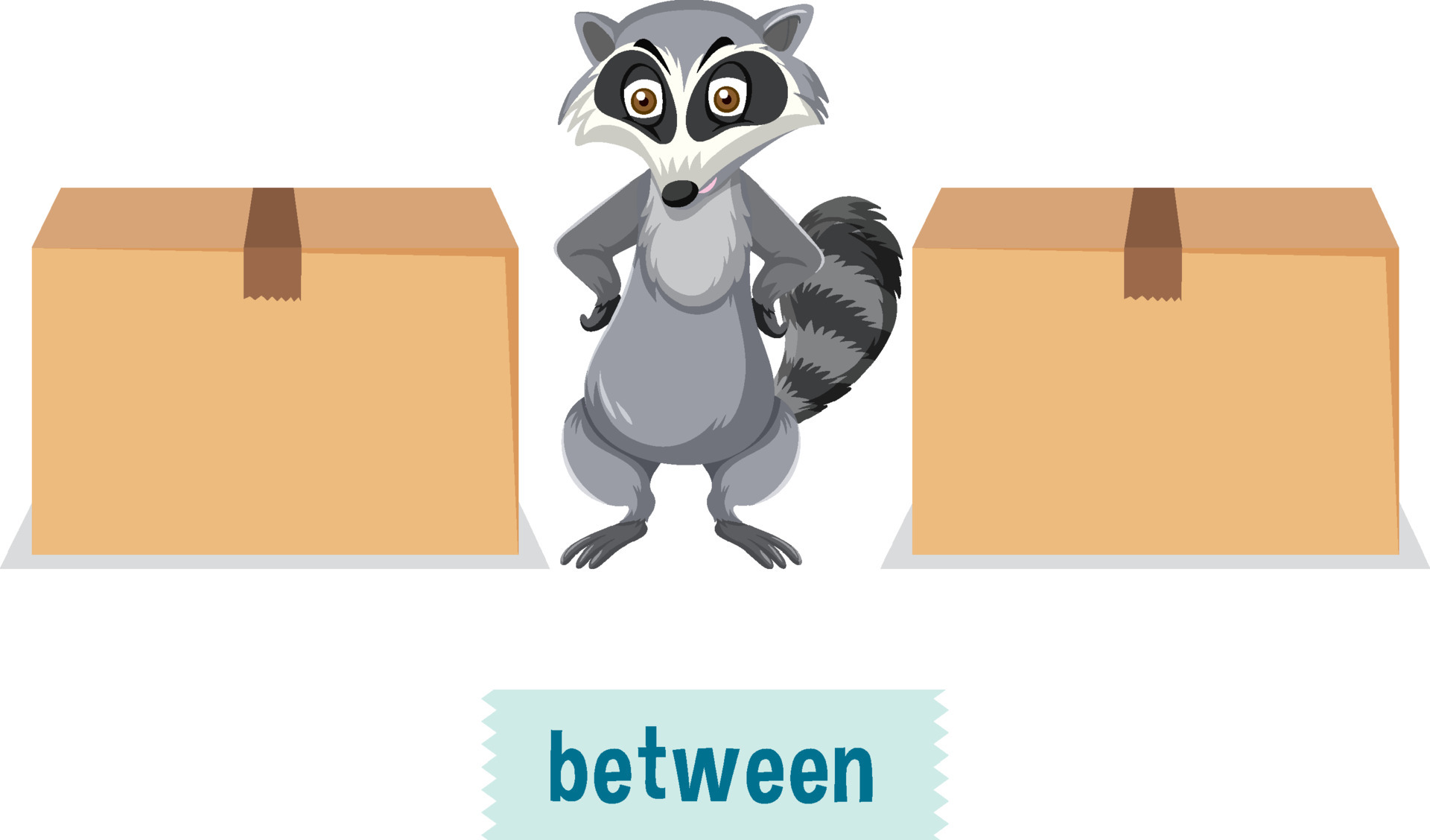English prepositions, raccoons stand between the boxes 6771485 Vector