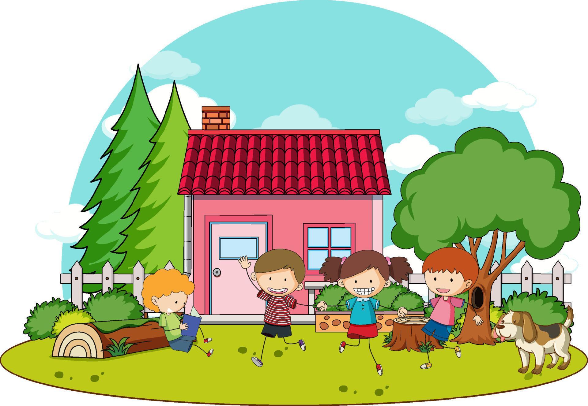 a-simple-house-with-kids-in-nature-background-6771489-vector-art-at