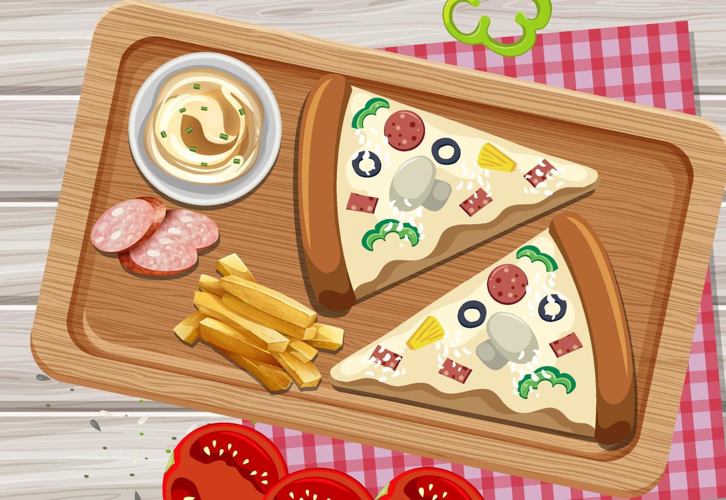 Top view of breakfast on wooden tray vector