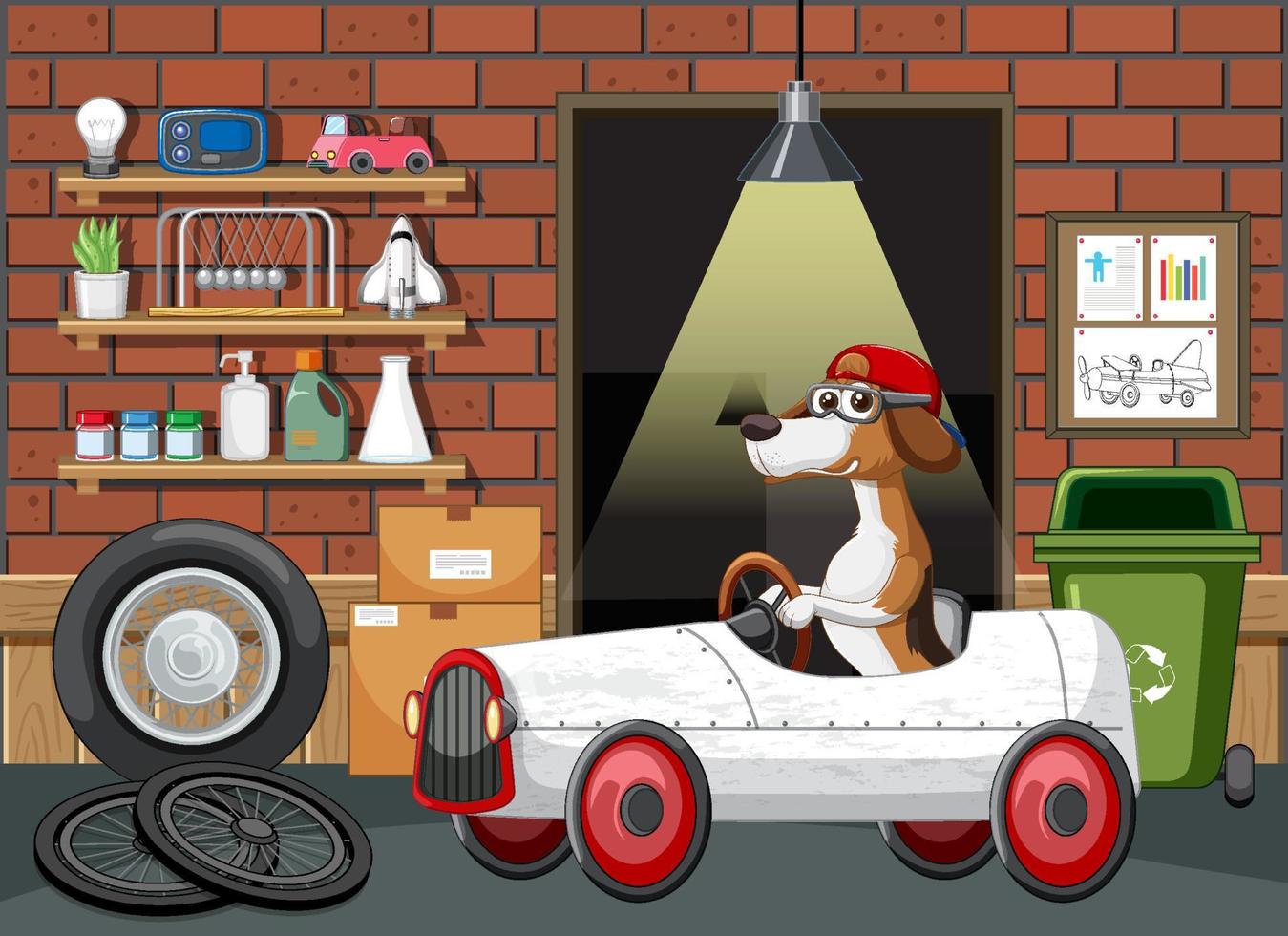 Dog driving car in garage vector