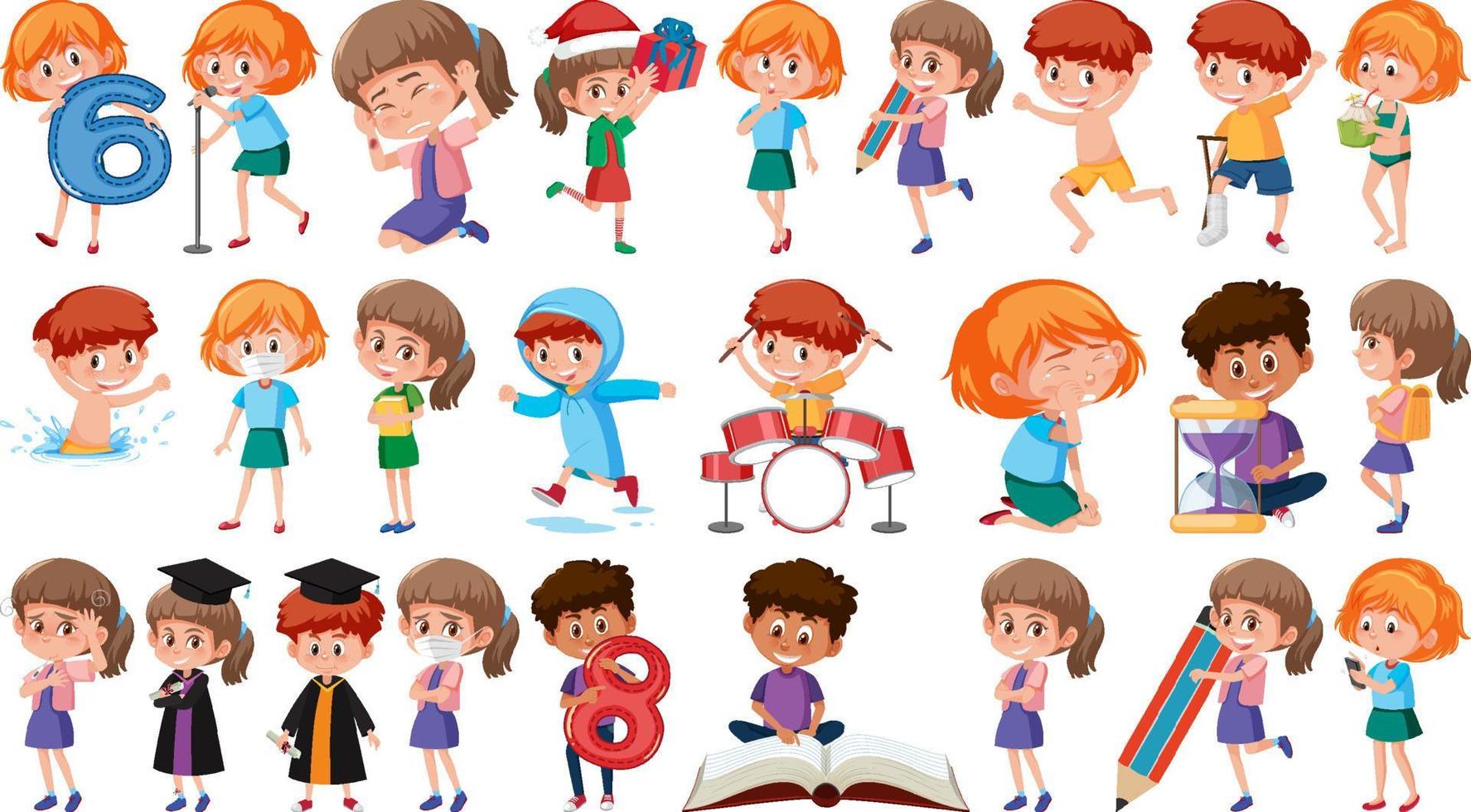 Set of children doing different activities on white background vector