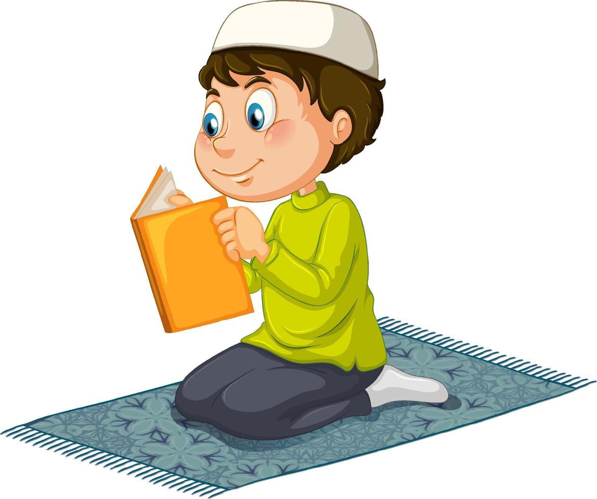 Muslim boy reading book on white background vector