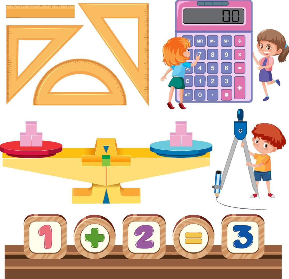 Math classroom objects with supplies and students vector