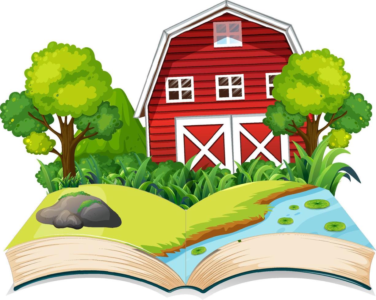 Farm scene with red barn in a book vector