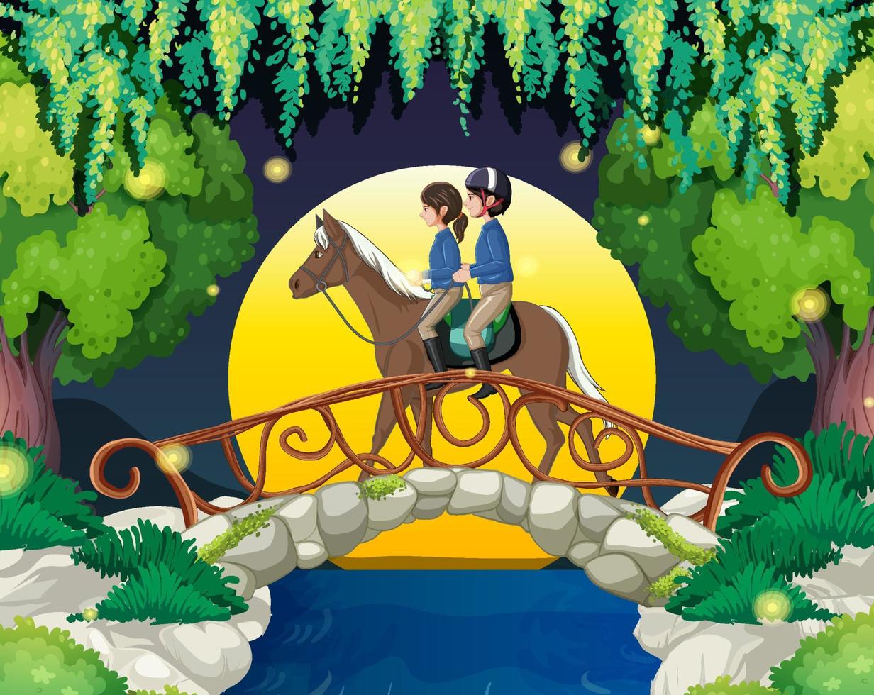 A scene of couple riding on a horse at night vector