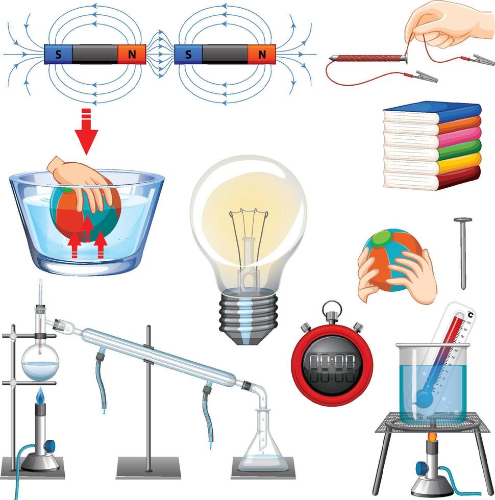 diferentes equipos de ciencia sobre fondo blanco vector