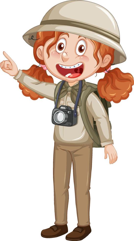 Little girl in camping outfit with camera and backpack vector