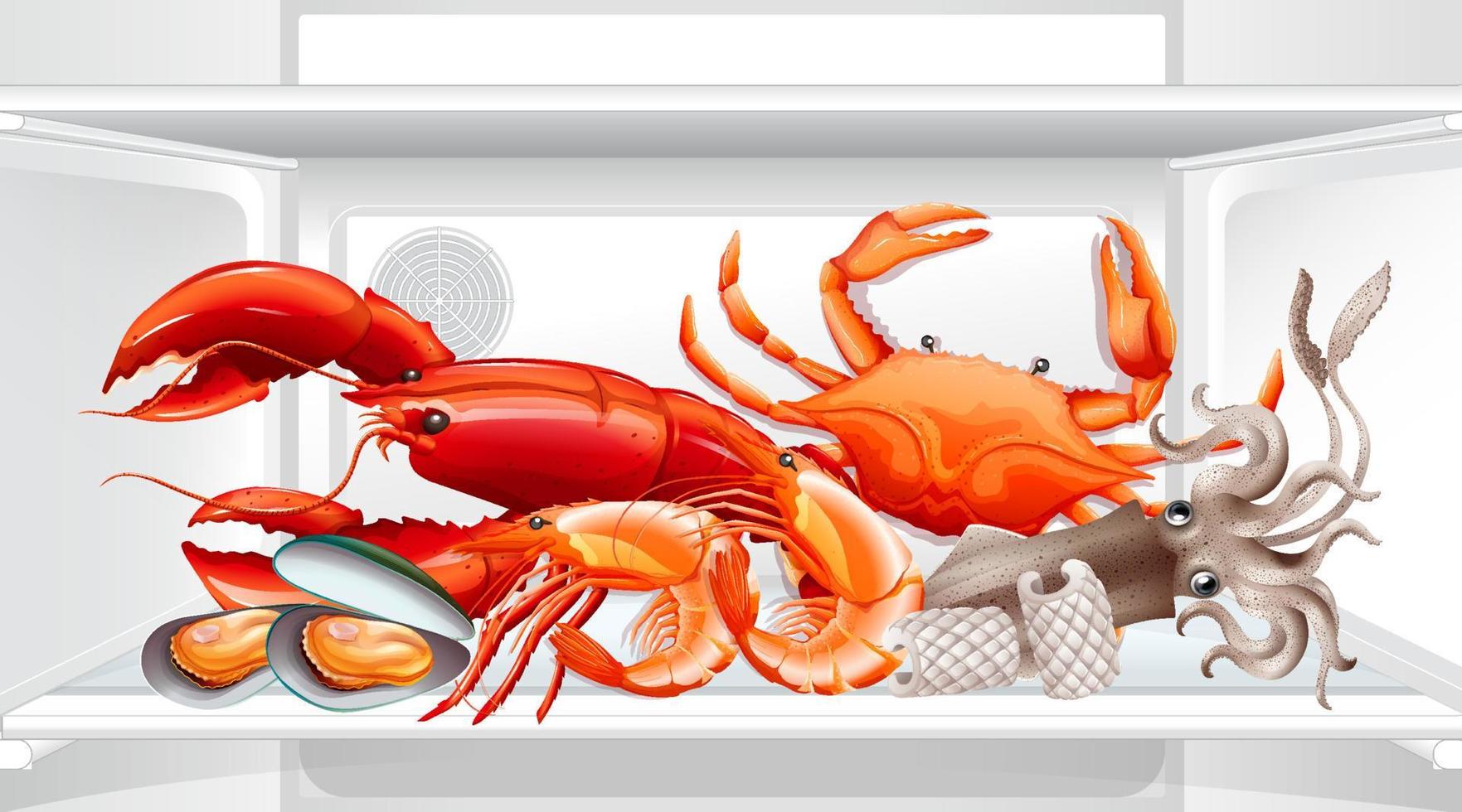 An inside the refrigerator with sea food vector