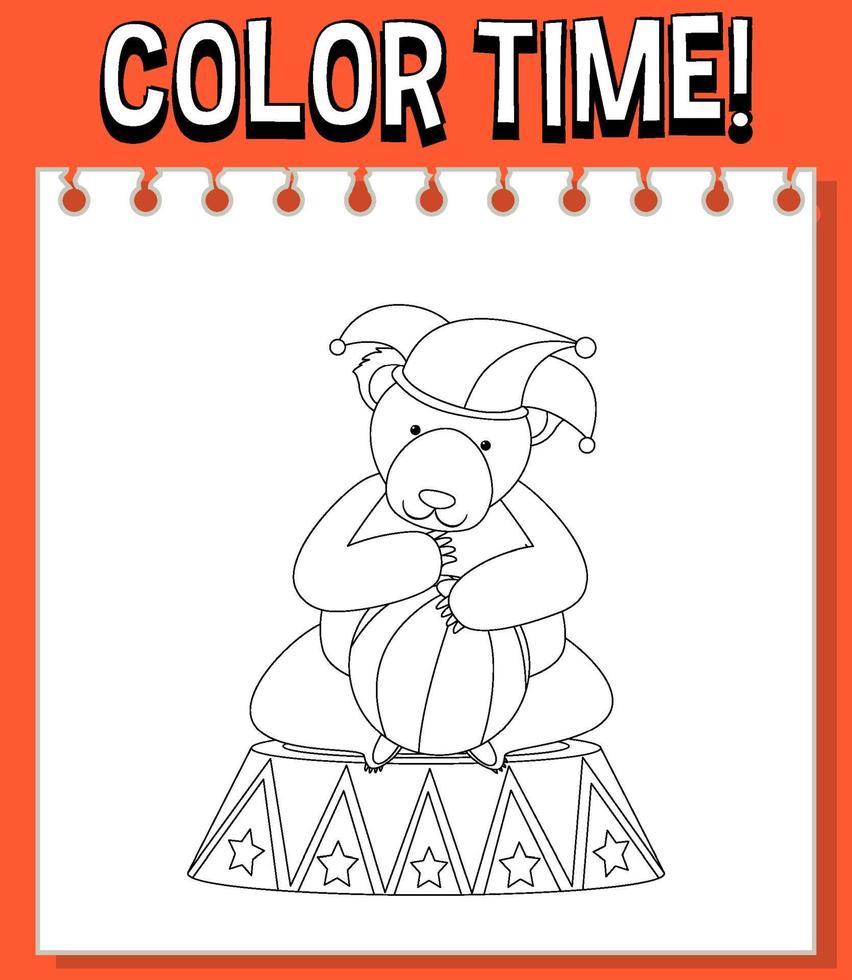 Worksheets template with color time text bear with drum outline vector