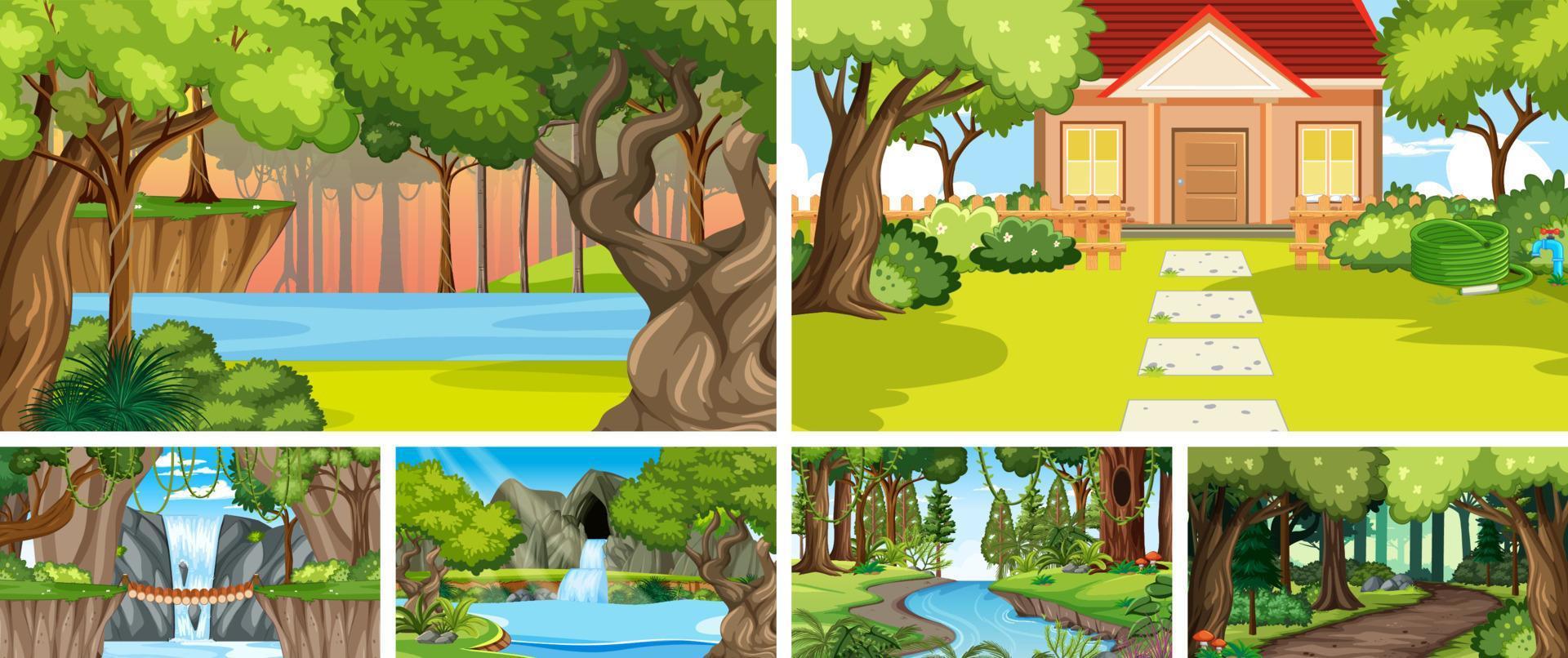 Nature scene with many trees and waterfall vector