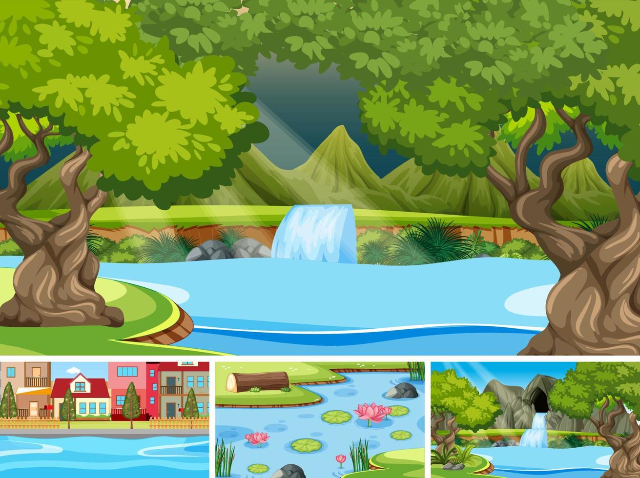 Nature scene with many trees and waterfall vector