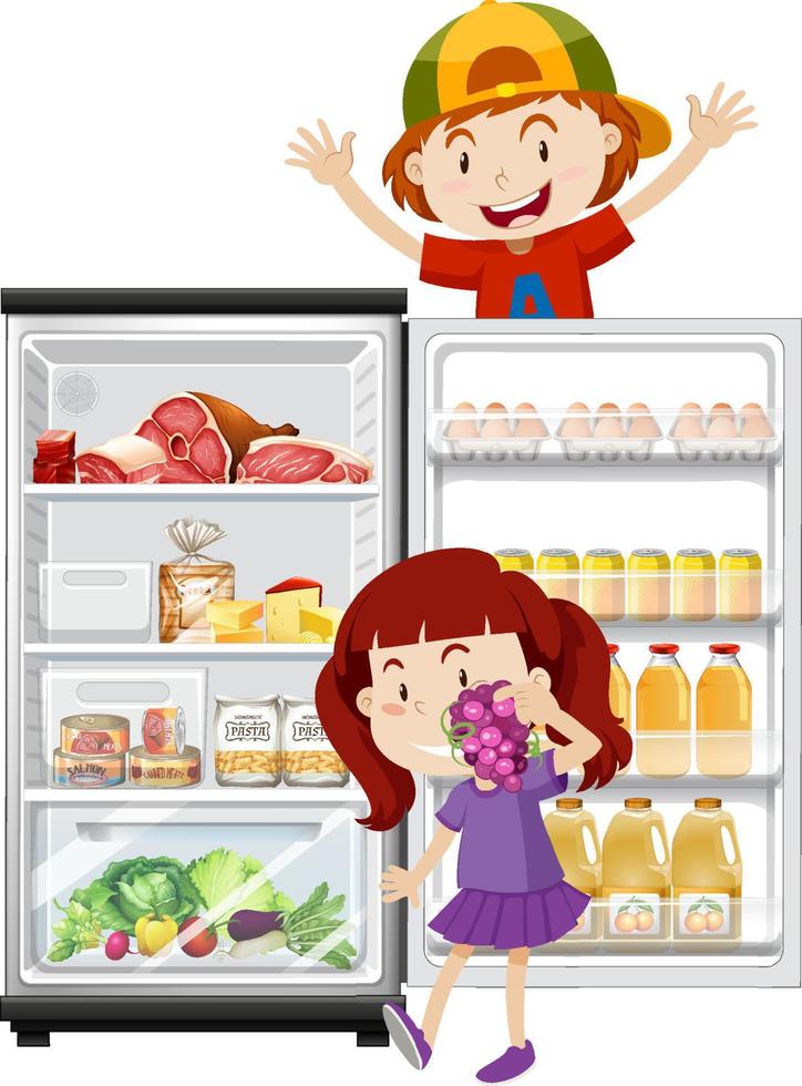 Children and refrigerator with lots of food. vector
