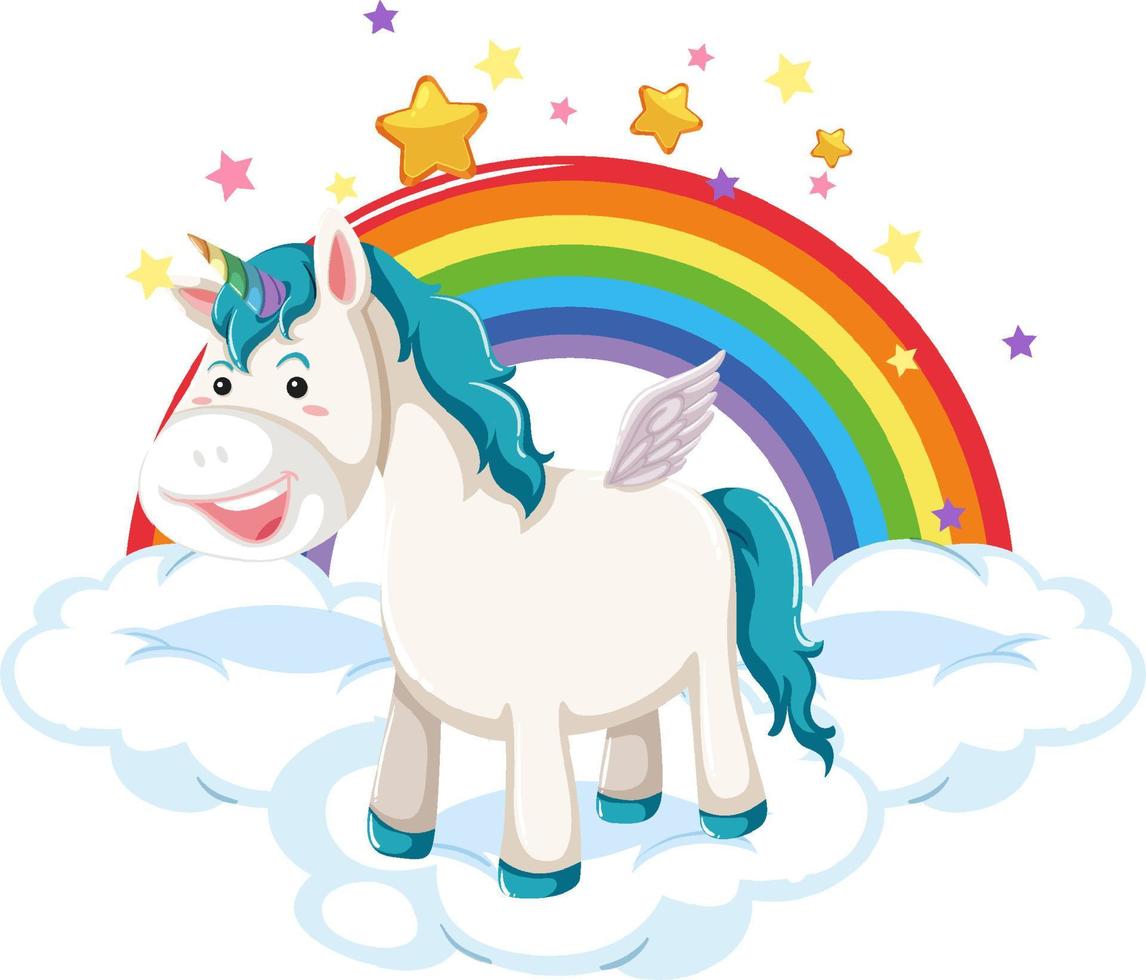 unicornio azul parado en una nube con arco iris vector