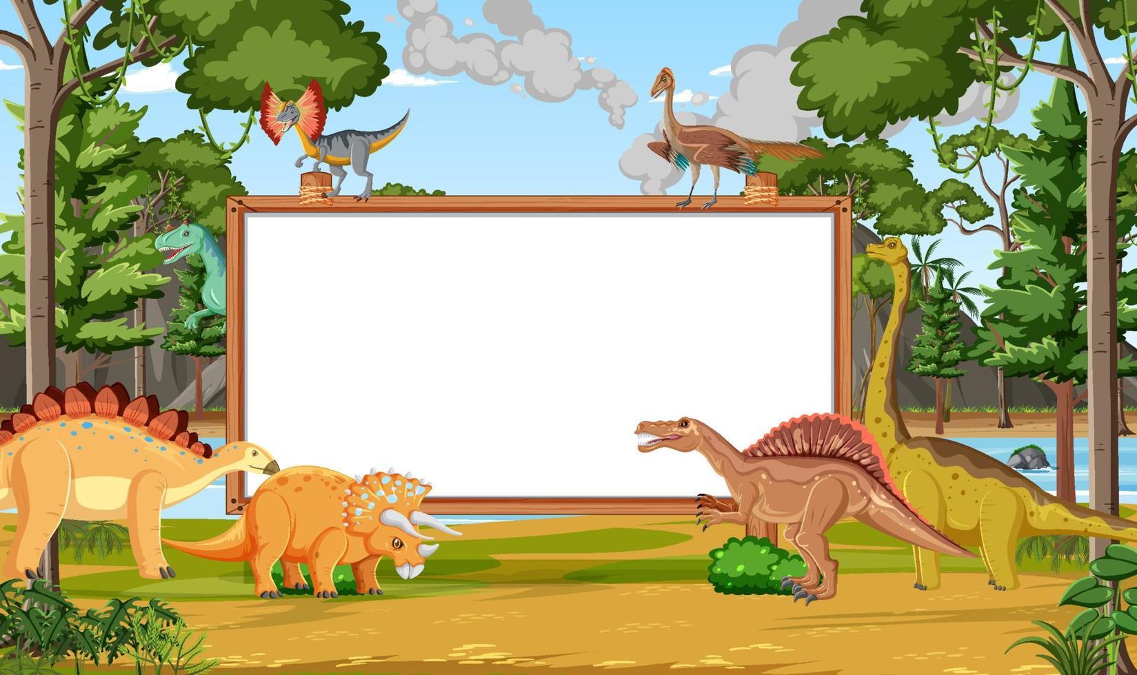 Nature scene with trees on mountains with sign board and dinosaur vector