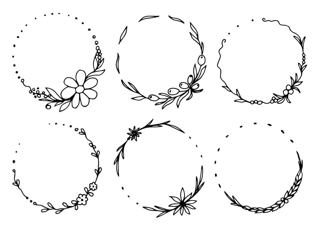 Beautiful patterned round floral frame, wreath. Black outline flower, leaves, olive, berries, spikelet. Print label, cosmetics, beauty salon, shop, postcard, invitation. Vector set of ink hand drawing