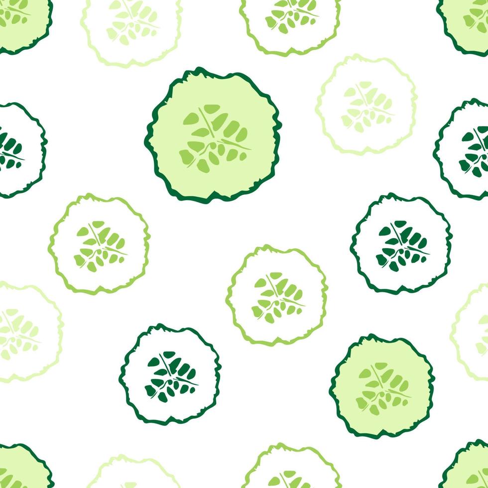 Hand-drawn simple vector seamless pattern. Green round slice of fresh cucumber on a white background. Healthy Organic Vegetables. Vegetarianism, food, natural cosmetics. For fabric packaging.