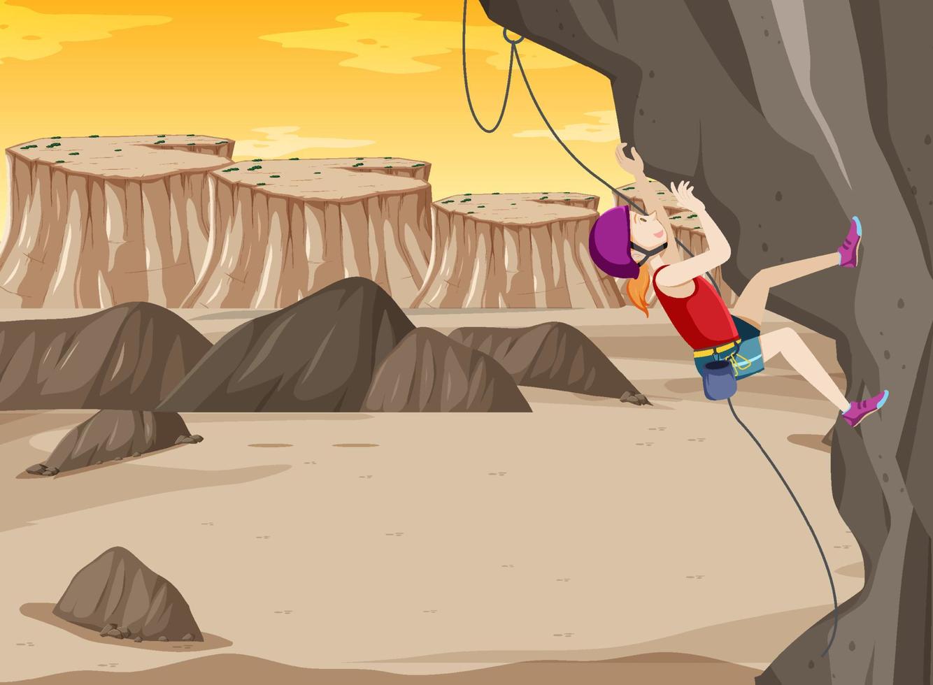 Rock climbing scene with woman climbing at sunset vector