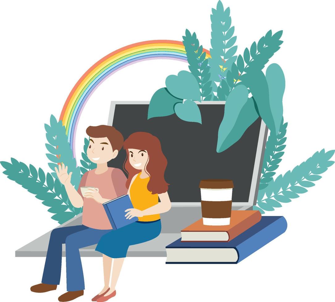 Happy friend sitting and talking to each other on laptop vector