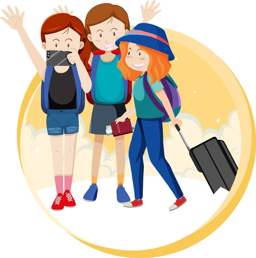 Happy girls group travel holiday theme with backpack vector