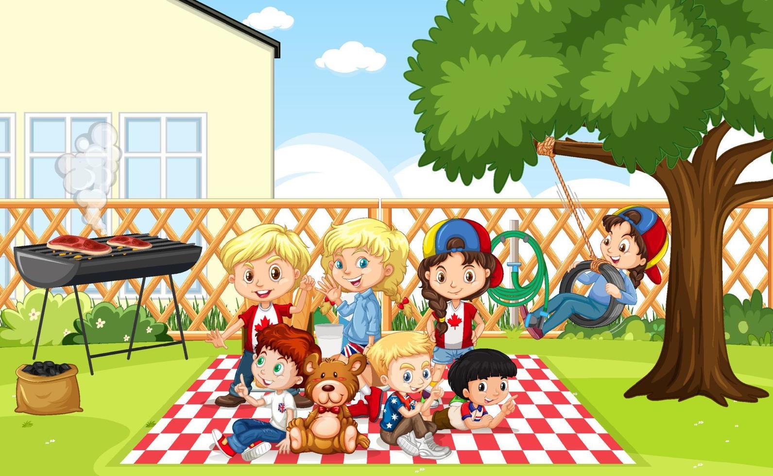 Scene with many kids picnic in the park vector