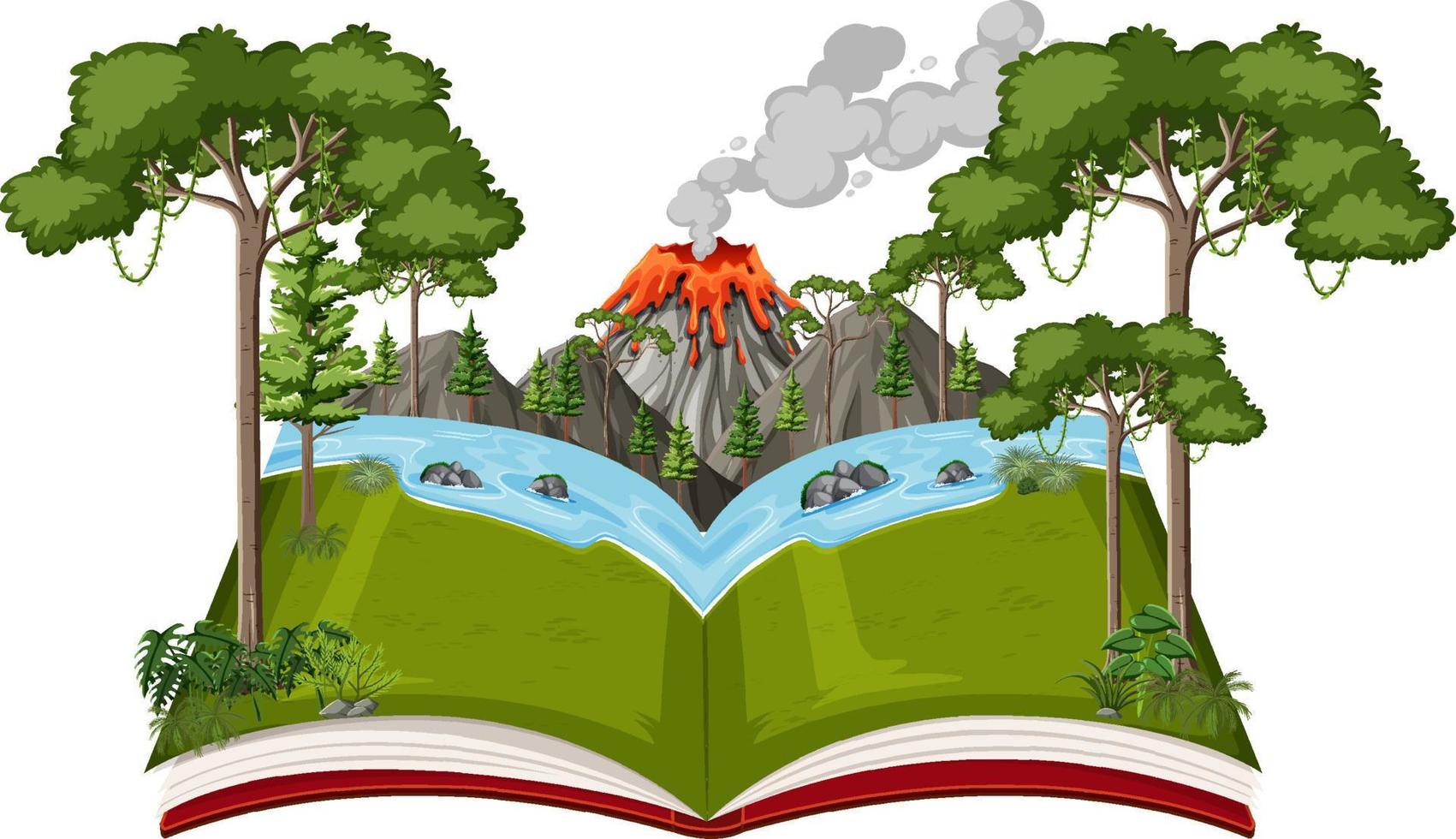 libro con escena de volcán y bosque vector