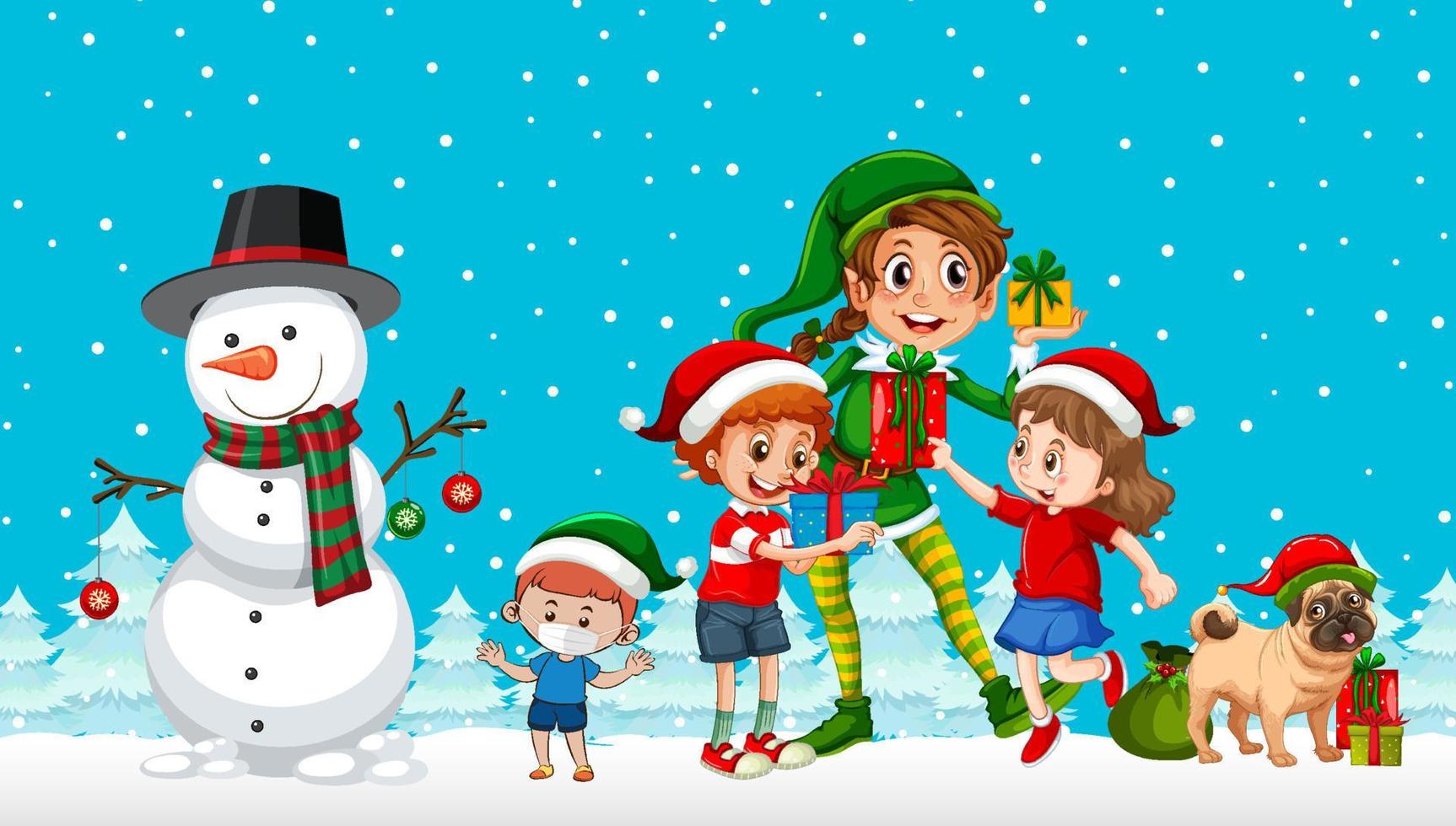 Christmas elf and children in cartoon style on snowy blue background vector