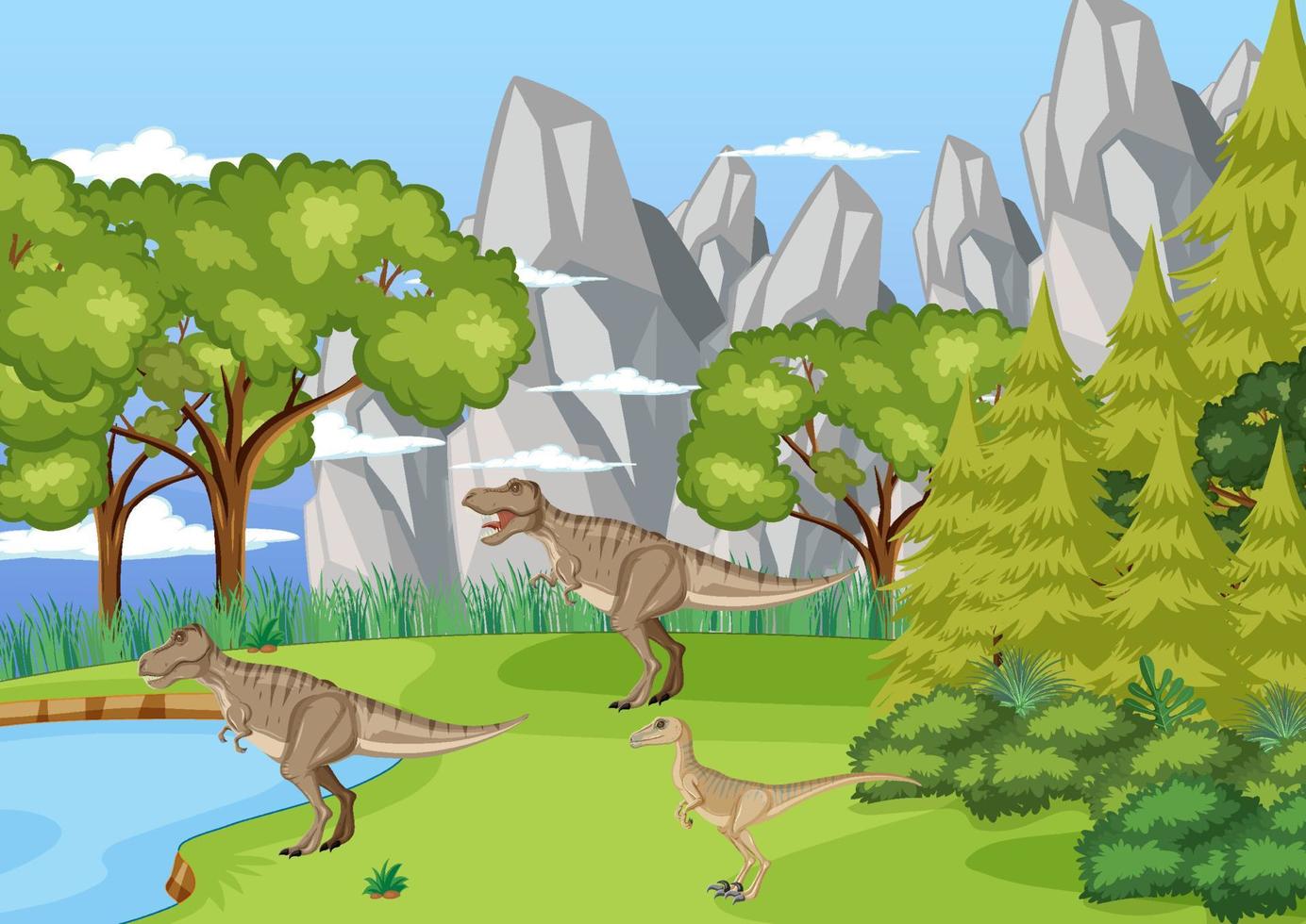 Nature scene with trees on mountains with dinosaur vector