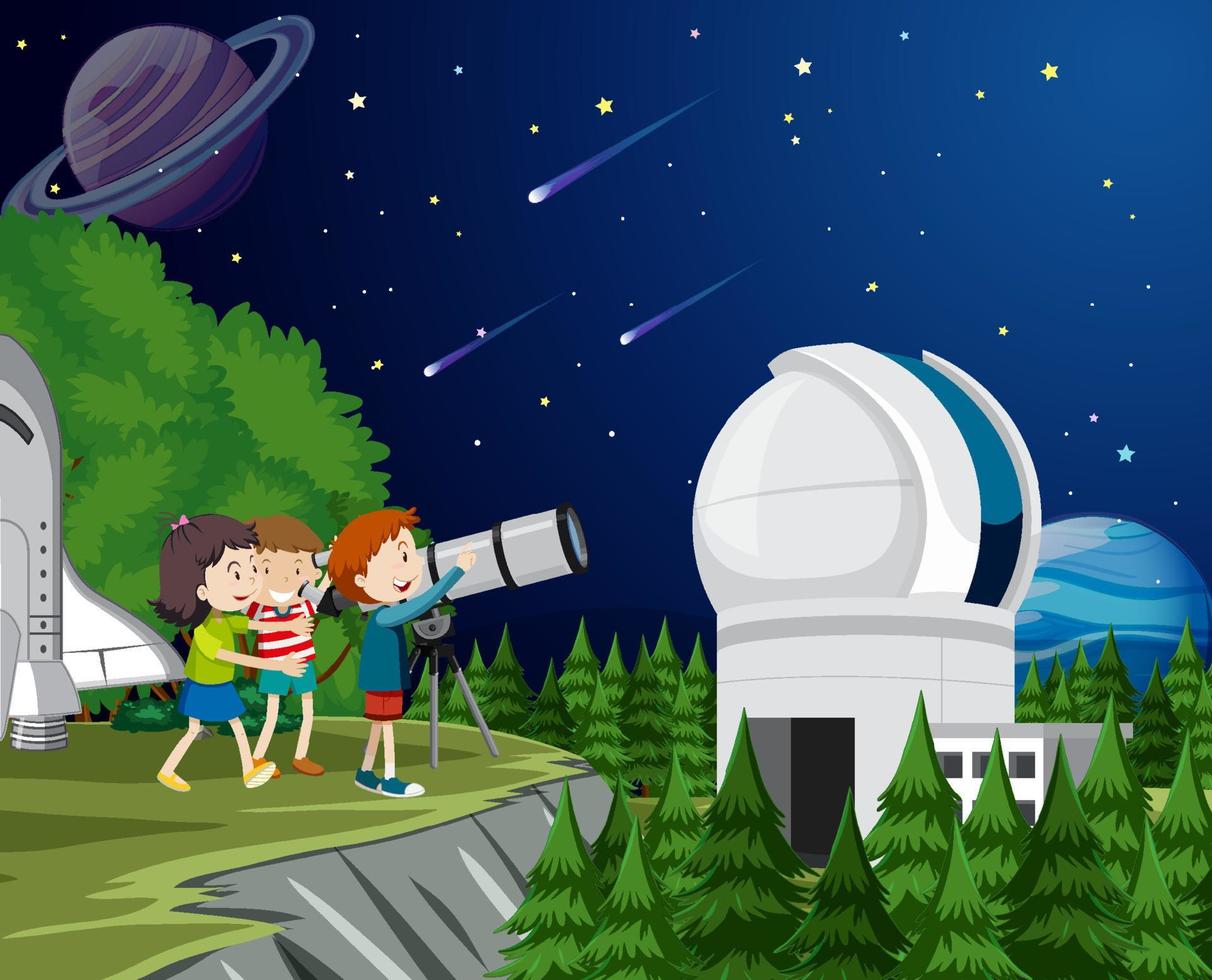 niños mirando el planeta con telescopio vector