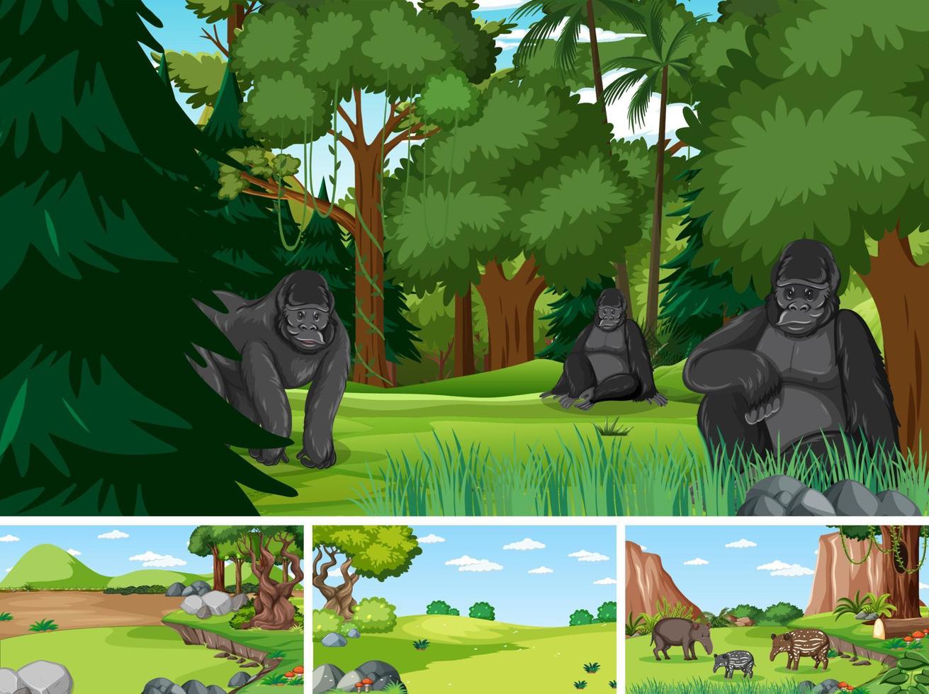 Different forest scenes with wild animals vector