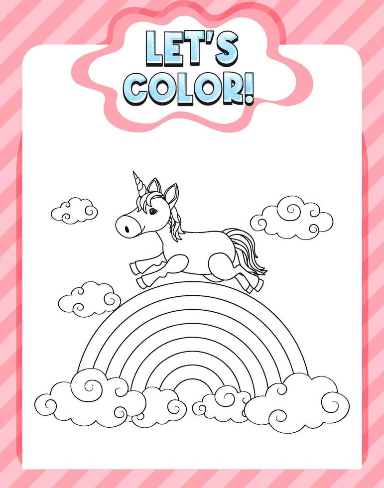 Worksheets template with color time text and Unicorn outline vector