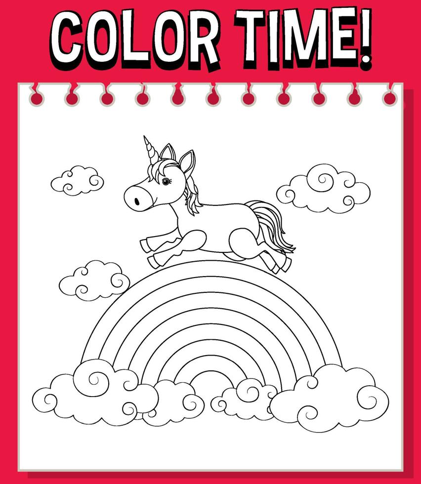 Worksheets template with color time text and rainbow with Unicorn outline vector