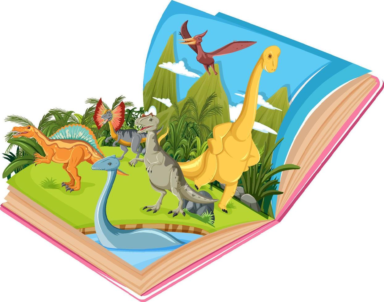 libro emergente con escena de la naturaleza al aire libre y dinosaurio vector