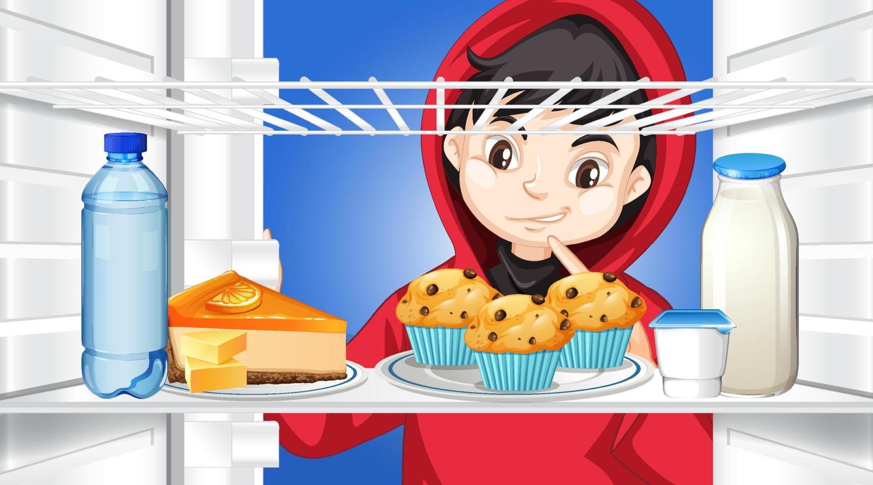 Boy looking at vegetables in fridge vector