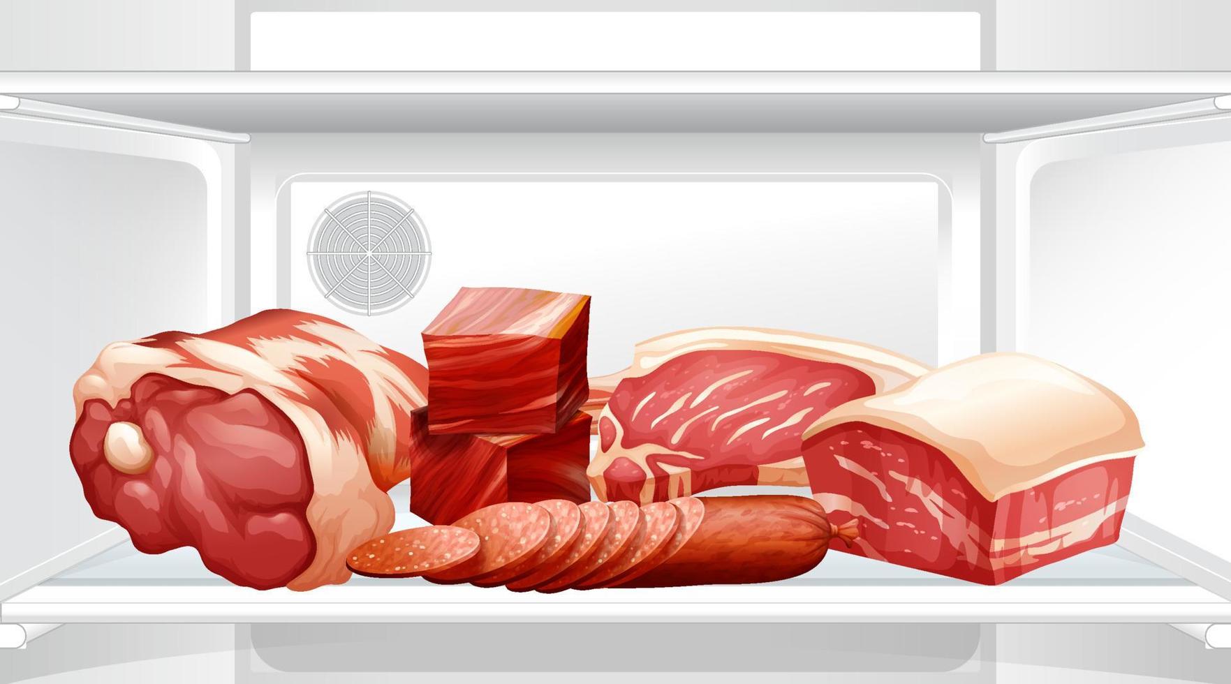 un interior del refrigerador con carne vector