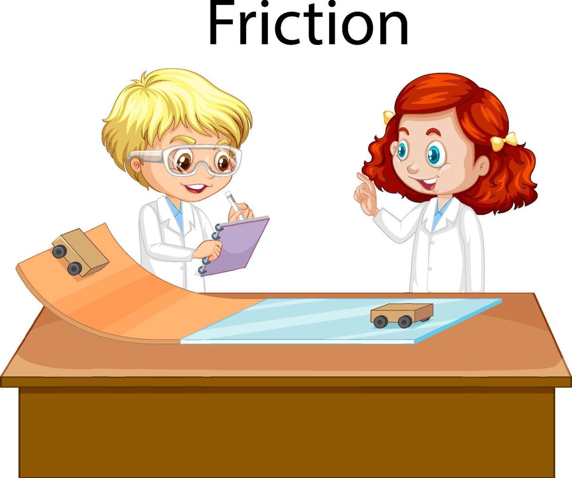 Scientist kids doing friction experiment vector