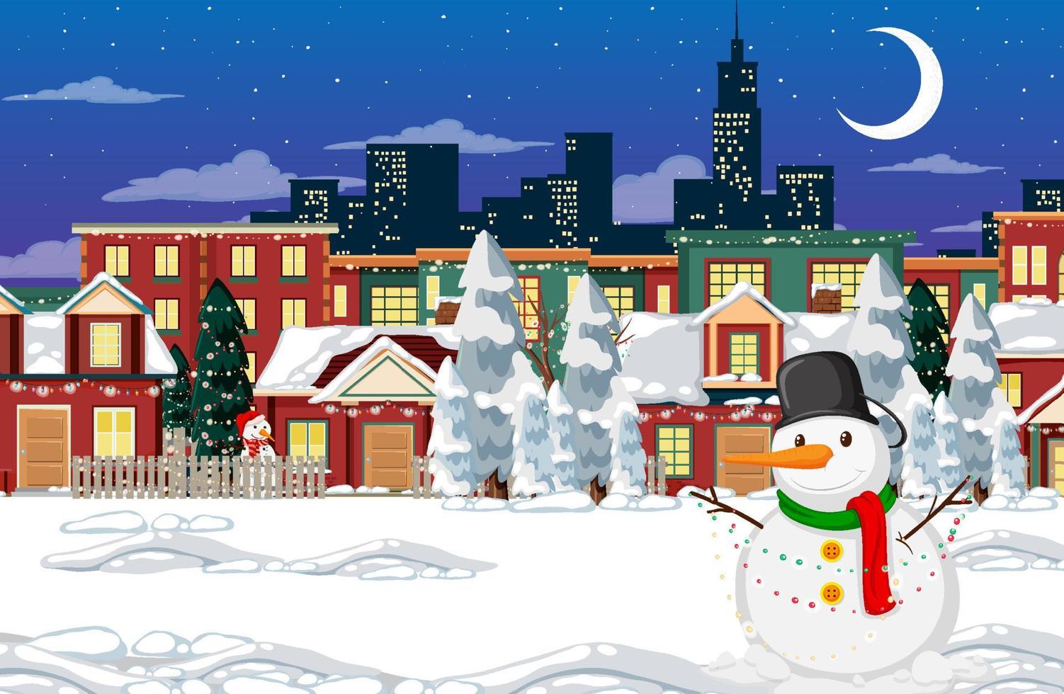 Winter snowy night town with a snowman vector