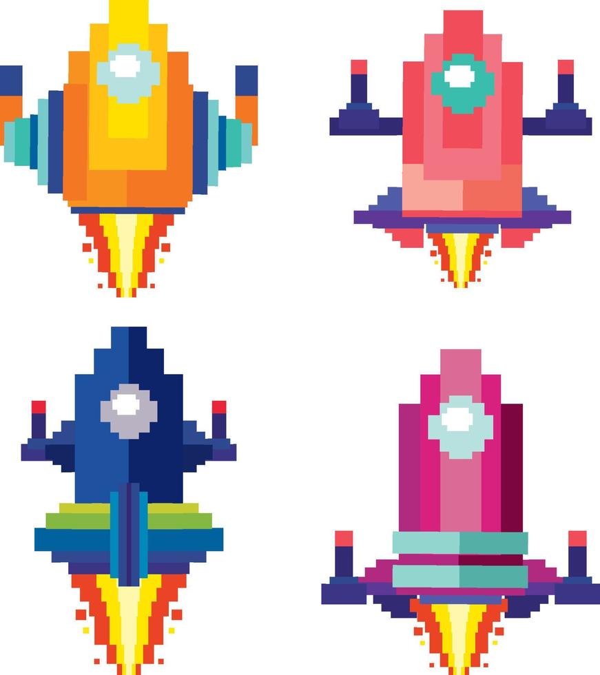 Set of pixel game spaceships isolated vector