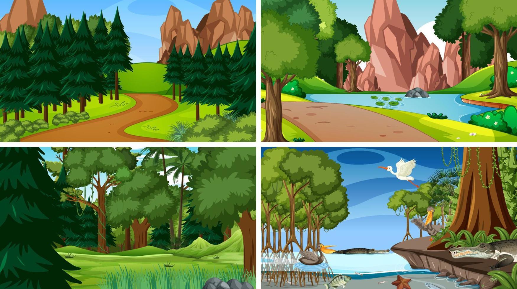 cuatro escenas con animales en el bosque vector